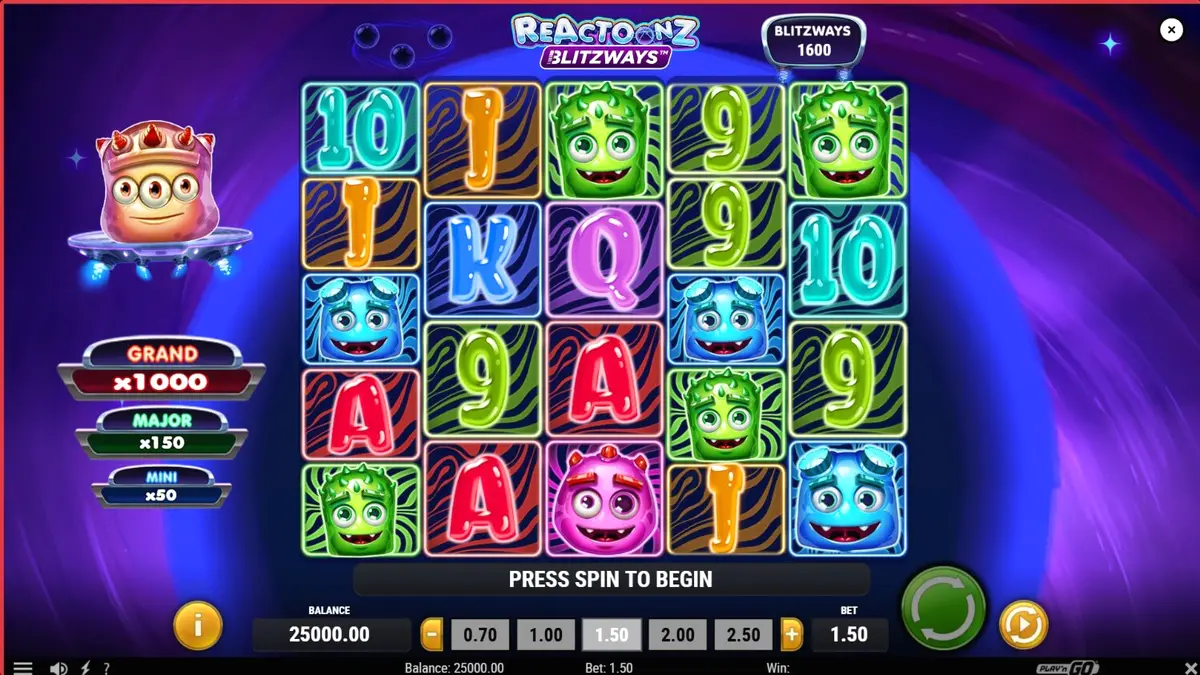 Tampilan visual slot Reactoonz Blitzways dengan karakter alien dan grid permainan yang dinamis