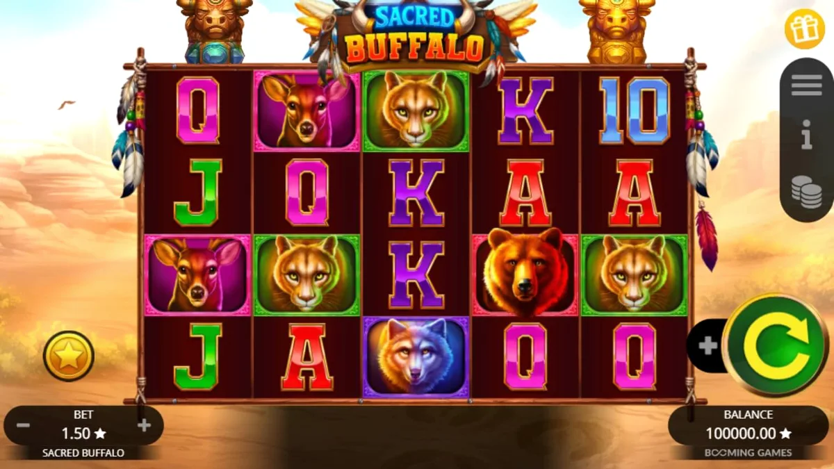 Tampilan visual slot Sacred Buffalo dengan latar belakang padang rumput Barat yang megah.